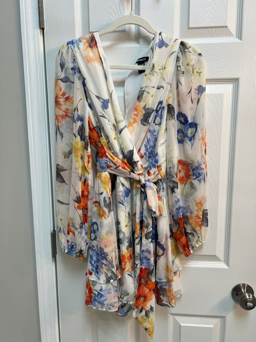Express Floral Wrap Midi Dress - White, Blue, Orange, Yellow